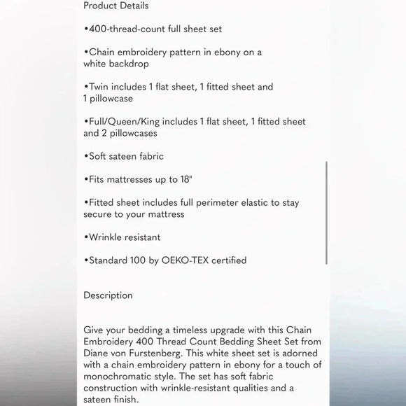 NWT DVF for Target Chain Embroidery 400
Thread Count Bedding Sheet Set - Picture 4 of 4